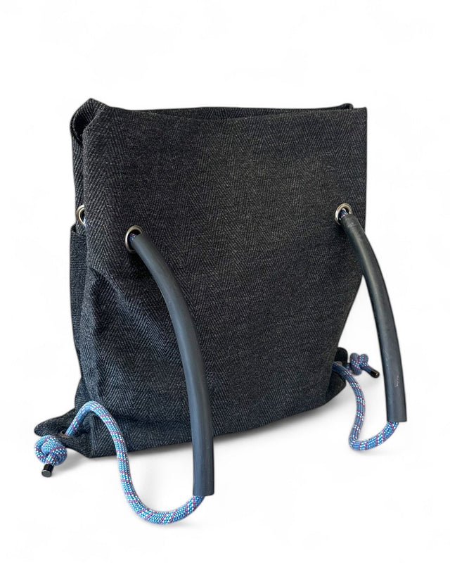black twill ditto convertible backpack with upcycled climbing rope
