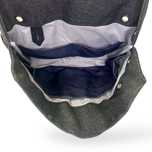 black chevron bag inside with 5 pockets including laptop sleeve