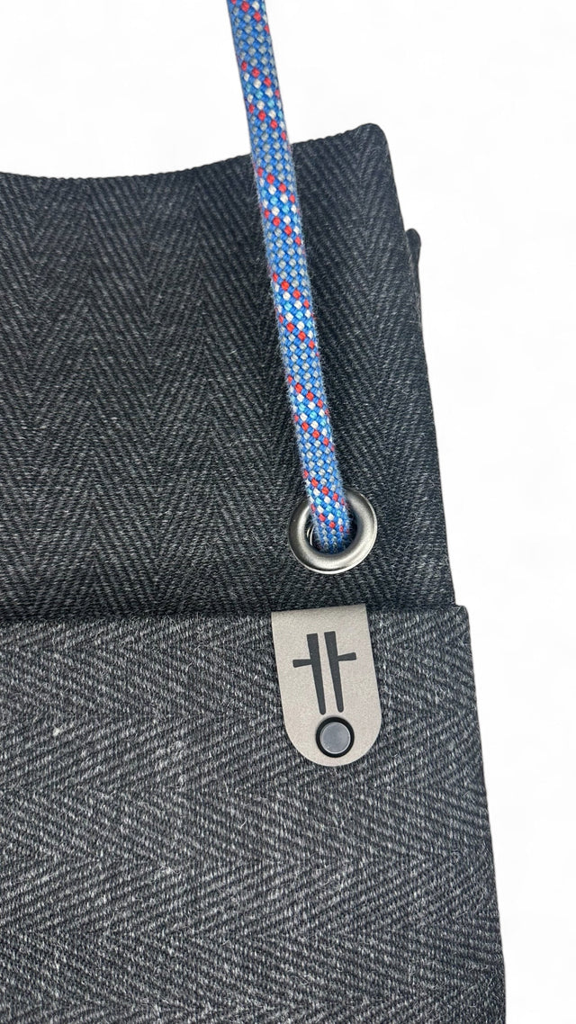 black chevron twill bag convertible bag with recycled climbing rope handle