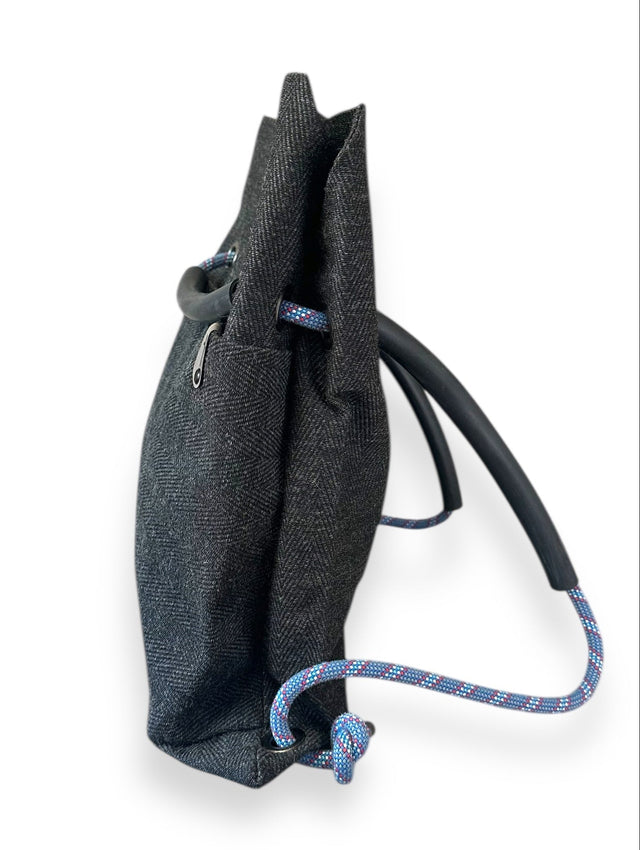 black chevron sustainable ditto convertible backpack with upcycled climbing rope and reclaimed materials