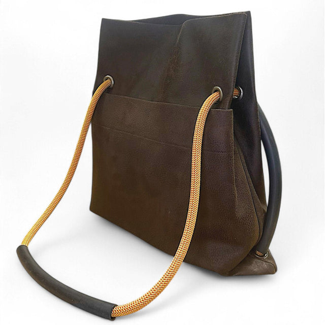 Sustainable convertible bag by Ditto in reclaimed brown nubuck & recycled climbing ropes handles