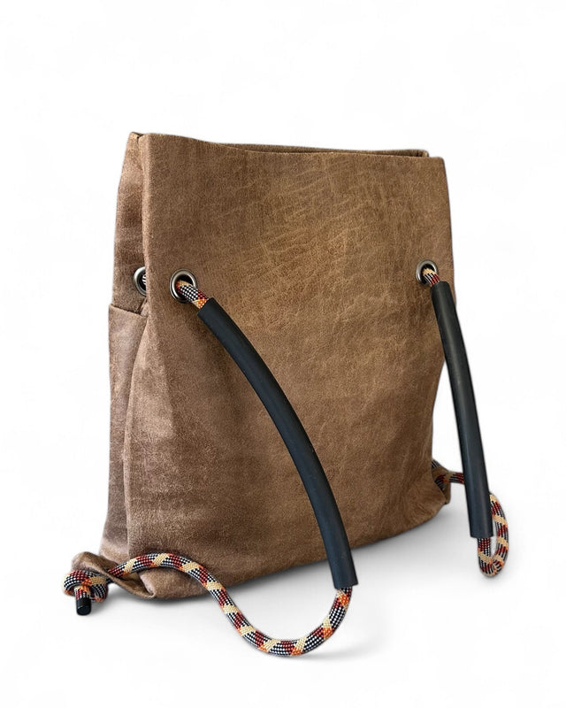 brown weathered faux leather convertible backpack - sustainable commuter with recycled climbing rope
