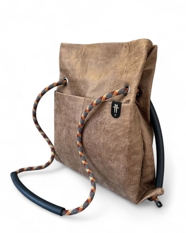 brown weathered faux leather convertible bag  - 2in1 backpack with recycled climbing rope