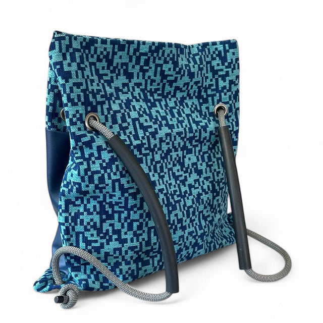 geometric blue convertible backpack -handmade reclaimed textiles and customisable bag