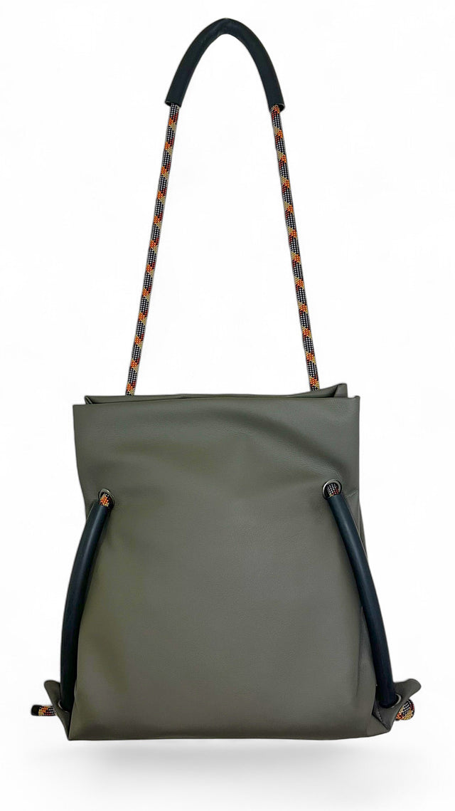 Convertible sustainable commuter backpack by Ditto in subtle reclaimed oilve-grey faux leather & recycled climbing ropes handles