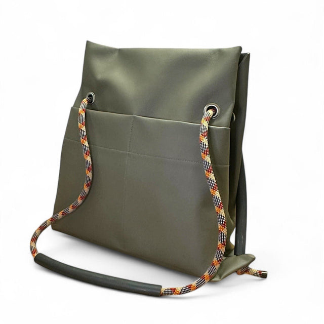 Sustainable commuter 2in1 bag by Ditto in subtle reclaimed oilve-grey faux leather & recycled climbing ropes handles