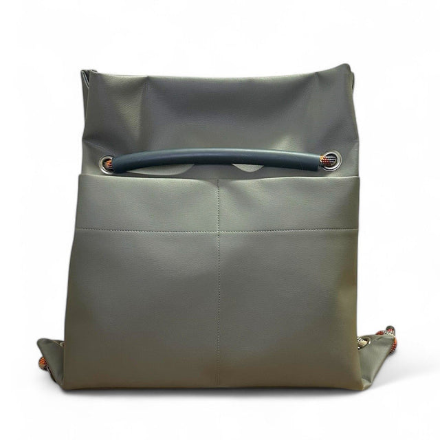 Convertible sustainable bag by Ditto in subtle reclaimed oilve-grey faux leather & recycled climbing ropes handles