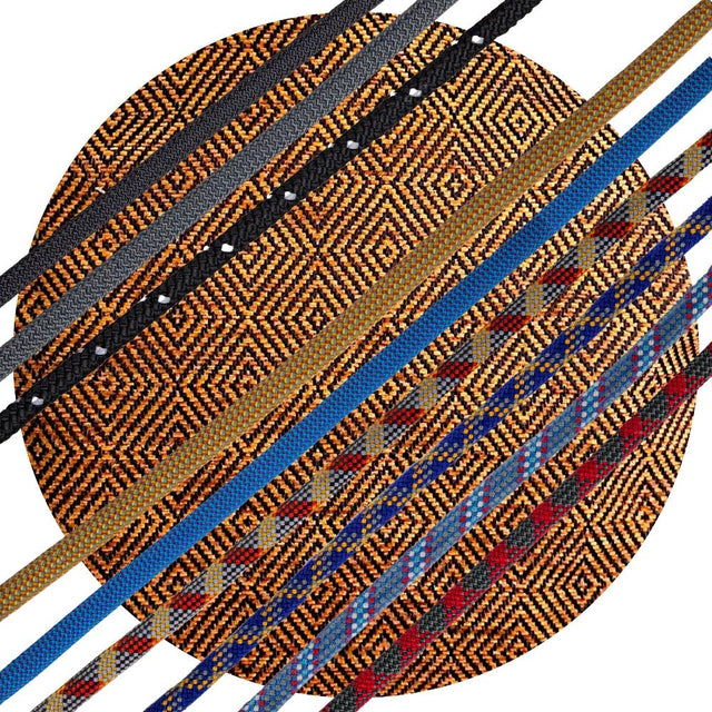 orange & black geometric fabric swatch with rope overlay