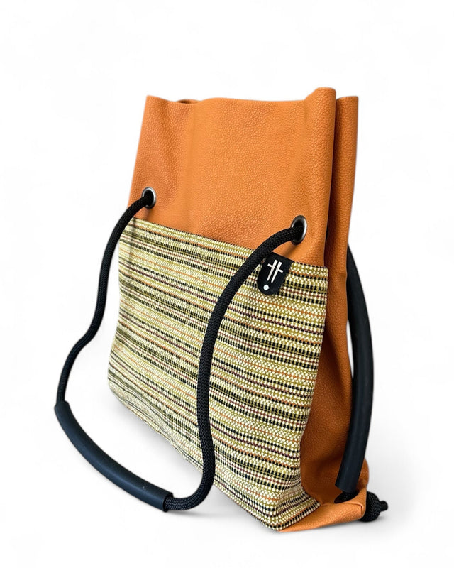 orange striped sustainable commuter bag with upcycled climbing rope and reclaimed materials