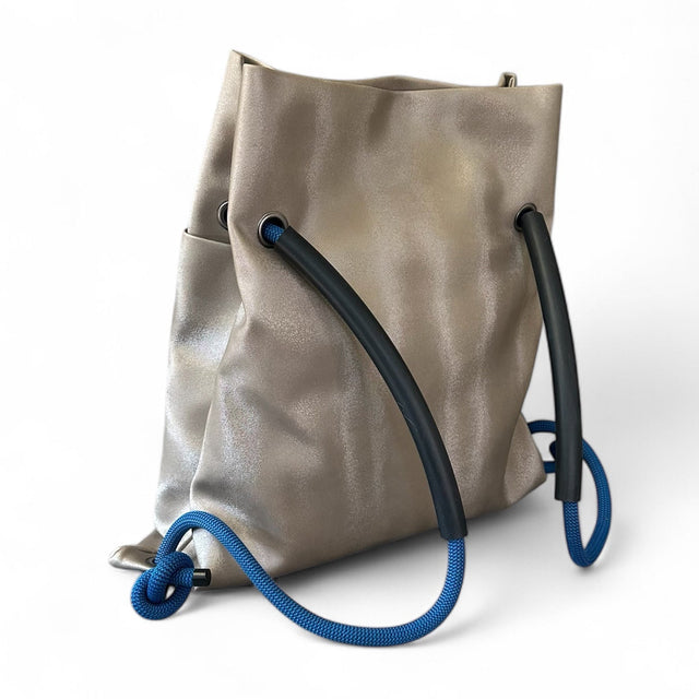 platinum pleather limited edition customisable bag - convertible commuter backpack with recycled climbing rope