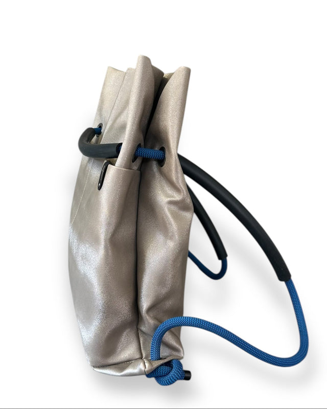 platinum pleather convertible commuter backpack - sustainable recycled climbing rope limited edition bag
