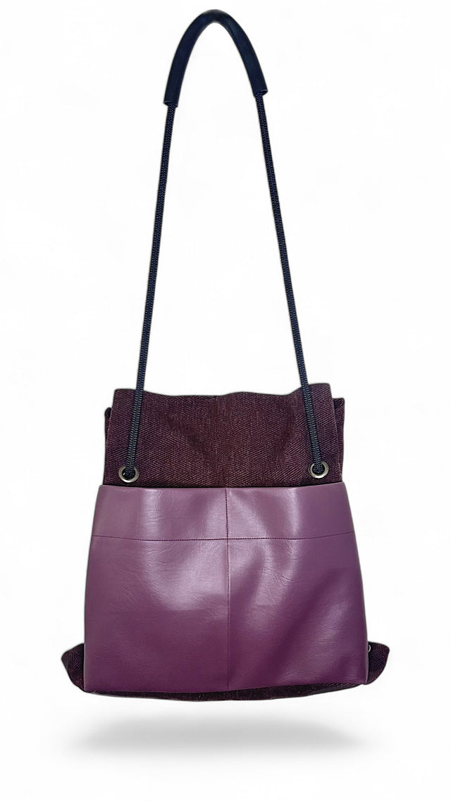 Ditto convertible bag made of upcycled materials - plum chevron textile with black rope