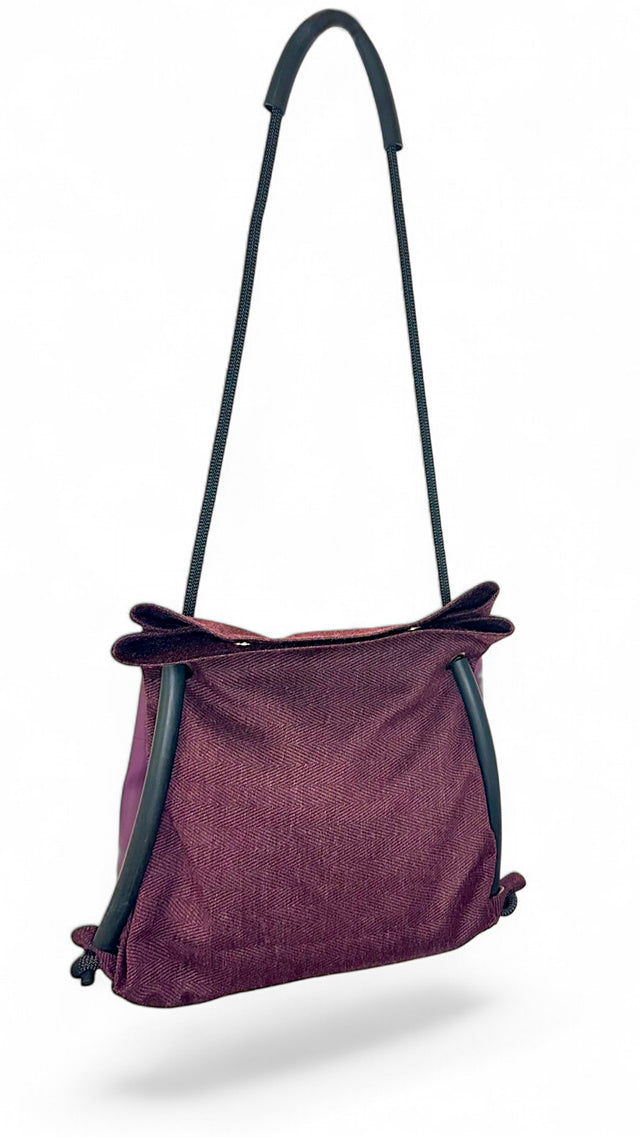 Ditto convertible bag made of sustainably materials - reclaimed plum chevron textile with black rope