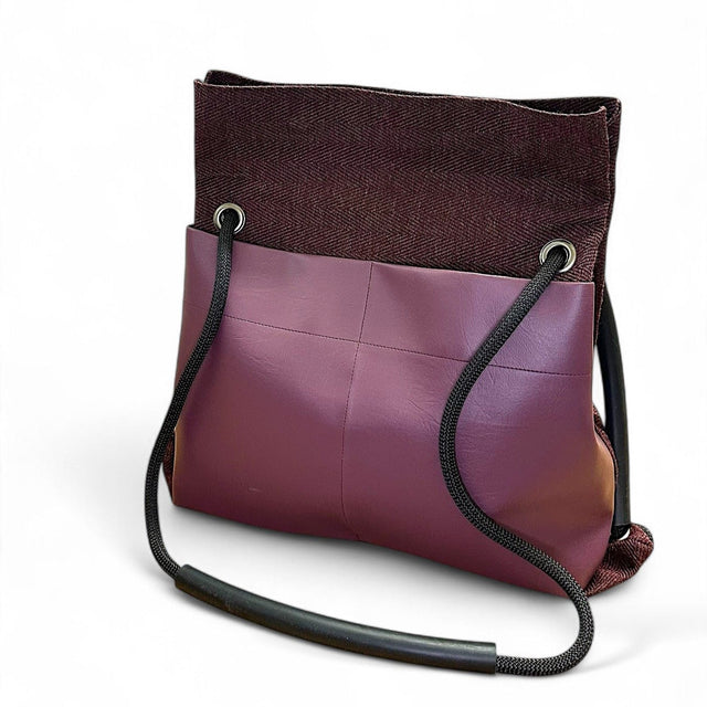 Ditto convertible bag bade of upcycled materials - plum chevron textile with black rope