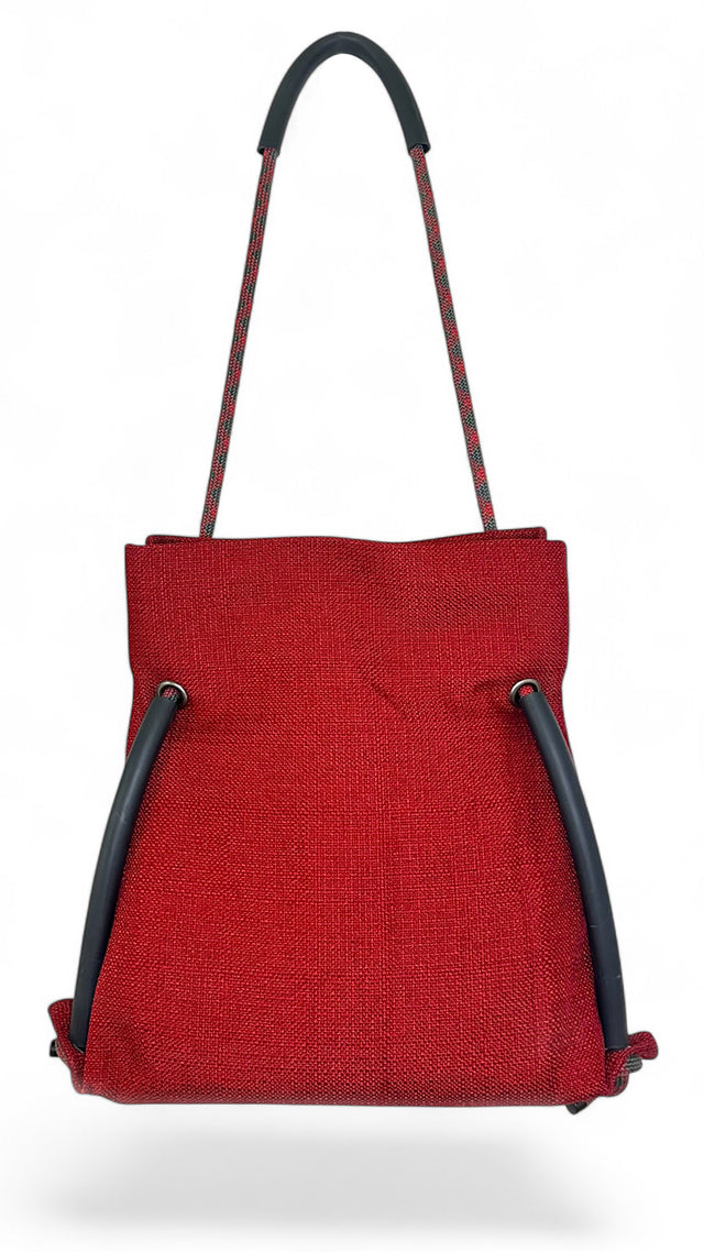 Ditto crimson red textile convertible bag with recycled climbing rope handle hanging
