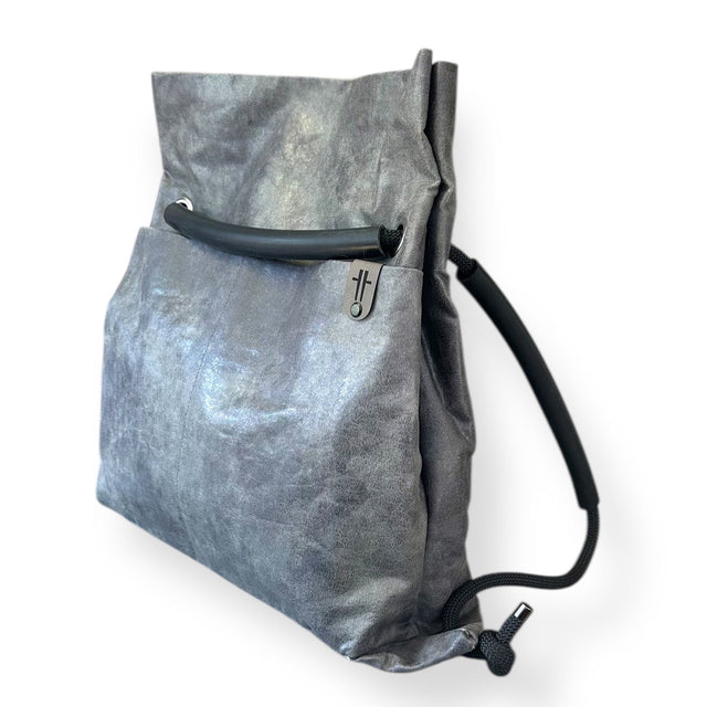slate grey pleather sustainable backpack - sustainable reclaimed limited edition commuter bag