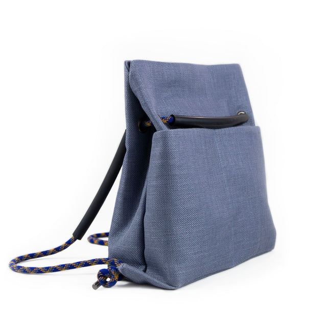 Slate blue textile backpack with recycled climbing rope.