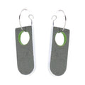 Pair of earrings with gray arch-shaped pendants and green centers on a white background