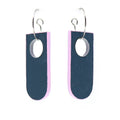 Pair of earrings with a blue and pink design on a white background