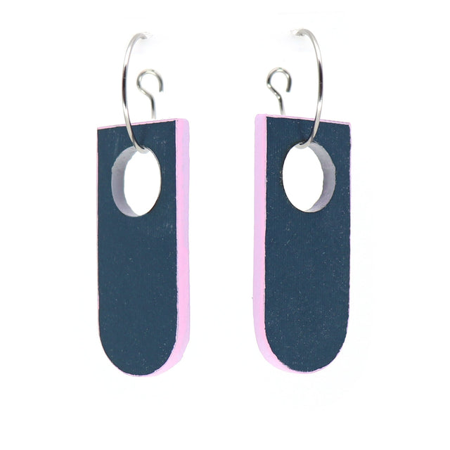 Pair of earrings with a blue and pink design on a white background