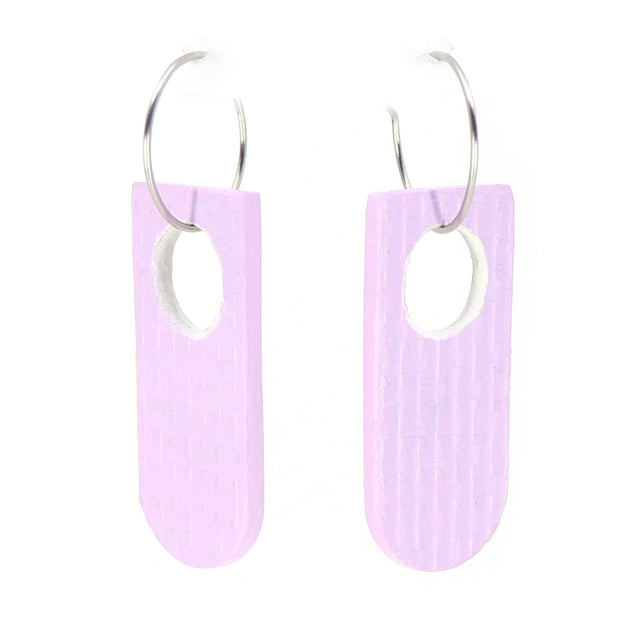 Pair of lilac recycled linoleum earrings with silver hooks on a white background