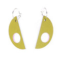 Pair of green leaf-shaped earrings with a white and pink outline on a white background