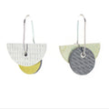 Bauhaus shaped reversible earrings on oval hoop in speckled light green & grey or white and  moss green