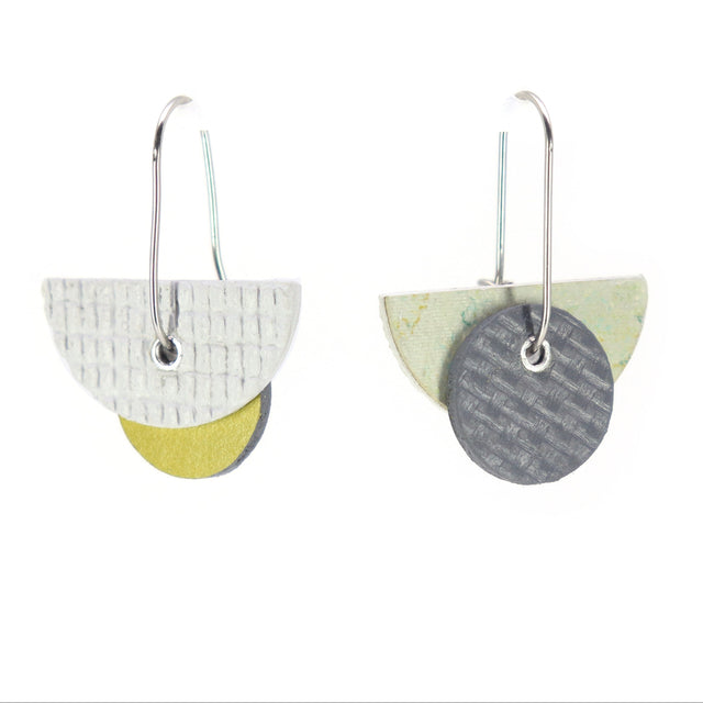 Bauhaus shaped reversible earrings on oval hoop in speckled light green & grey or white and  moss green
