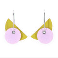 Bauhaus shaped earrings on oval hoop in moss green and lilac
