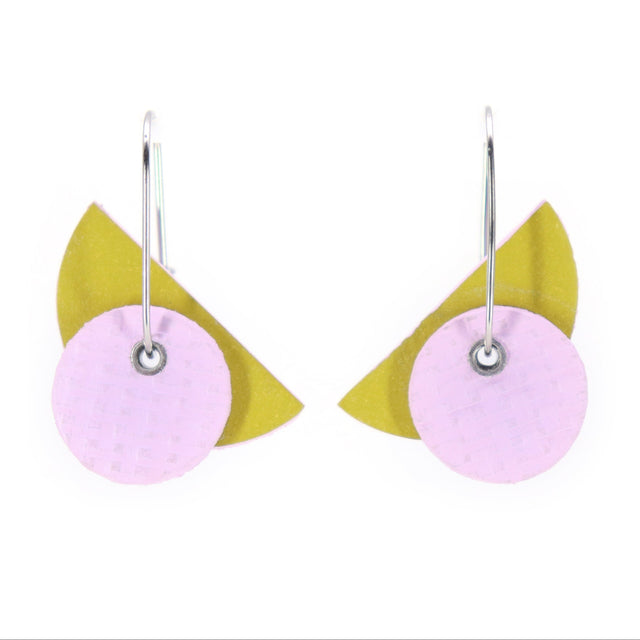 Bauhaus shaped earrings on oval hoop in moss green and lilac