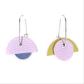 Bauhaus shaped reversible earrings on oval hoop in moss green & lilac on one side and lilac and navy the other