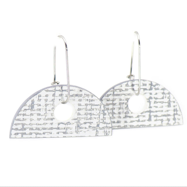 semi-circle white and grey handmade earrings on oval hoops