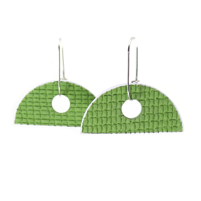 semi-circle green earrings on oval hoops