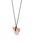 Linoleum orange & lilac pendant necklace on grey twisted string