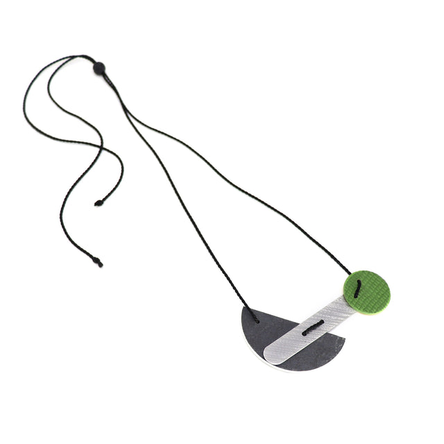 Necklace with a green and gray pendant on a white background