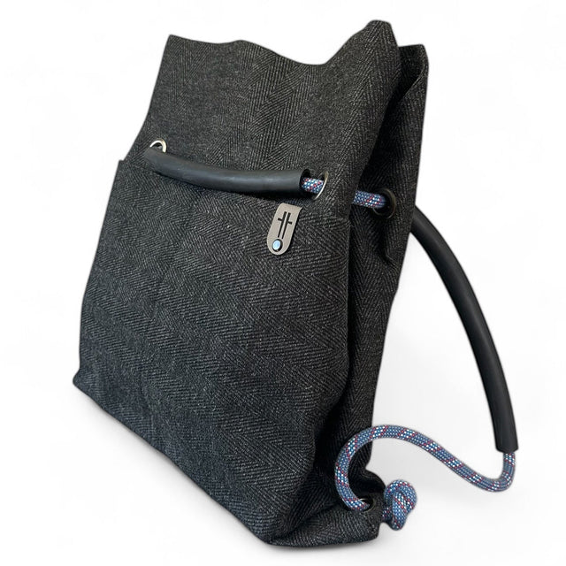 black sustainable ditto convertible bag with upcycled climbing rope