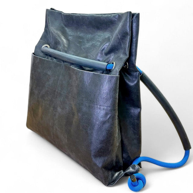 2in1 sustainable backpack by Ditto in reclaimed black distressed faux leather & recycled climbing ropes handles