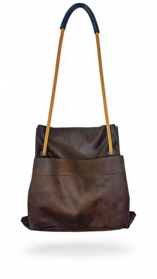Sustainable convertible bag by Ditto in reclaimed brown nubuck & recycled climbing ropes handles