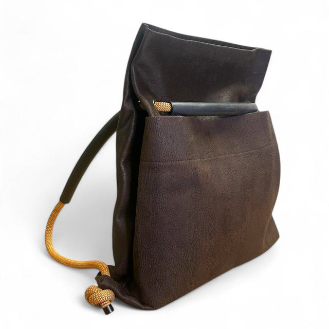 Convertible backpack by Ditto in reclaimed brown nubuck & recycled climbing ropes handles