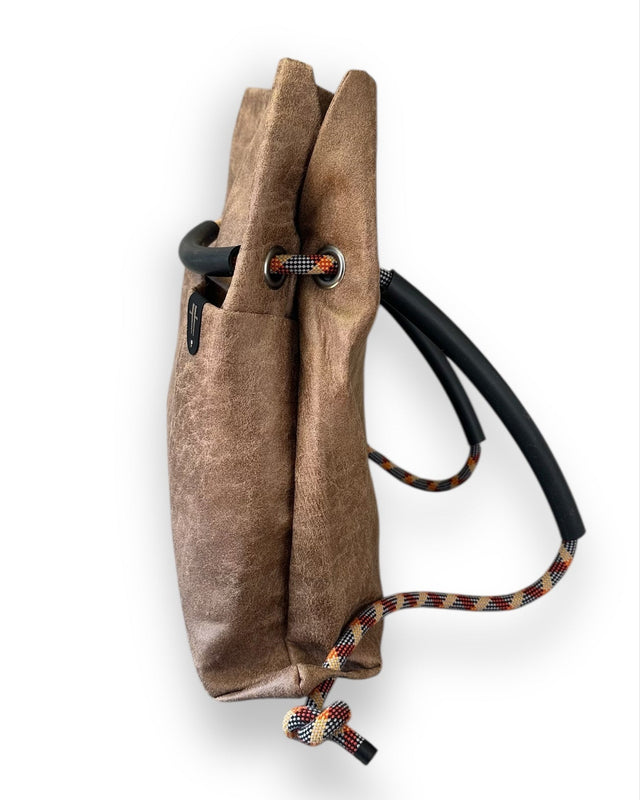 brown weathered faux leather convertible bag with recycled climbing rope - 2in1 backpack