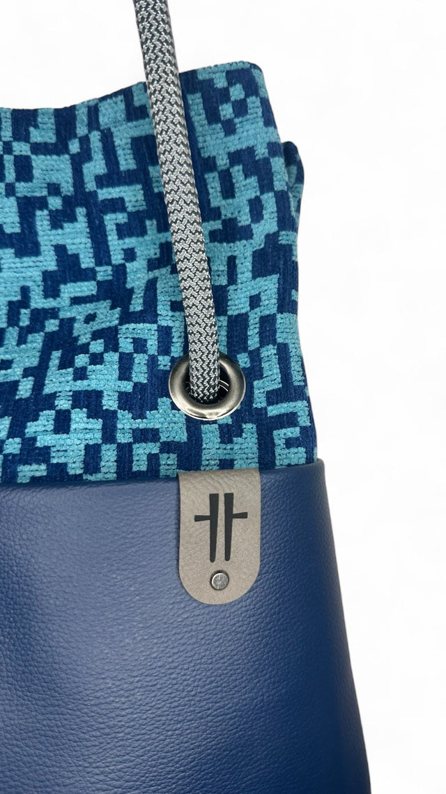 Geometric Blue aqua sustainable bag reclaimed textiles and customisable