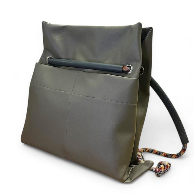 Convertible sustainable commuter backpack by Ditto in subtle reclaimed oilve-grey faux leather & recycled climbing ropes handles