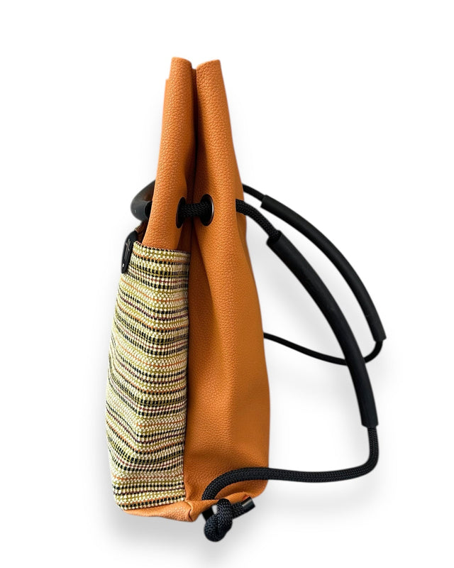 orange striped sustainable convertible backpack customisable one of a kind and reclaimed materials