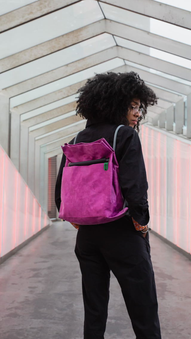 limited edition fuchsia pink pleather backpack converts to shoulder bag in geometric architecture