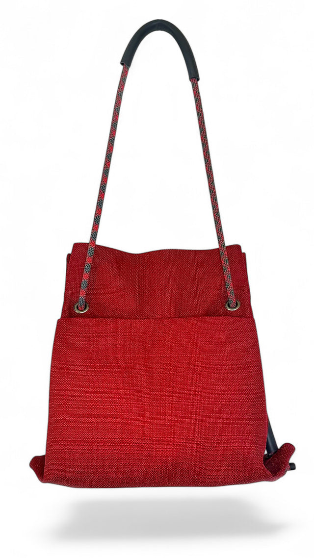 Ditto crimson red textile convertible bag with recycled climbing rope handle