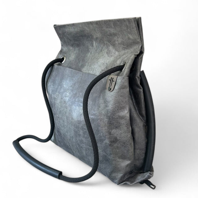 slate grey pleather sustainable bag convert to backpack - sustainable reclaimed 